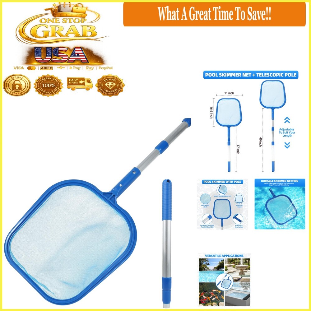 Large Pool Skimmer Net with Frame Fine Mesh Leaf Collector Telescopic Handle