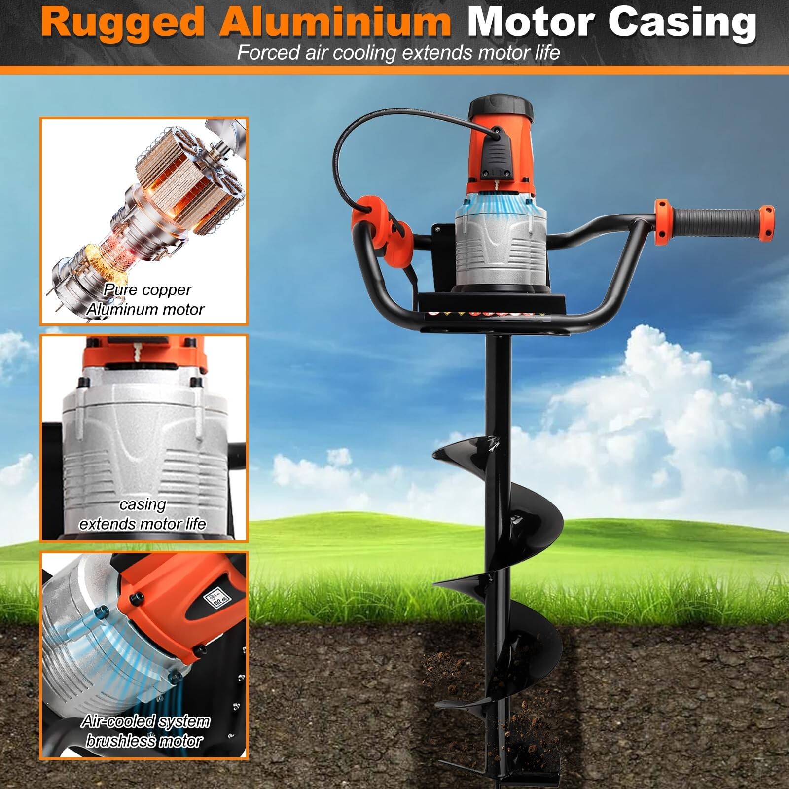 Electric Post Hole Digger with 4"+ 6"+8" Auger Bit for Quick Post Hole Digging