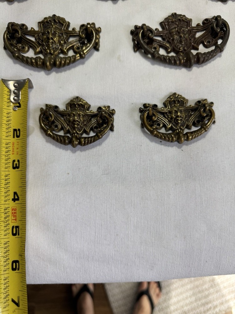 10 Rare Gothic Victorian Devil Face Brass Bail Drawer Pulls (8 Large & 2 Small)