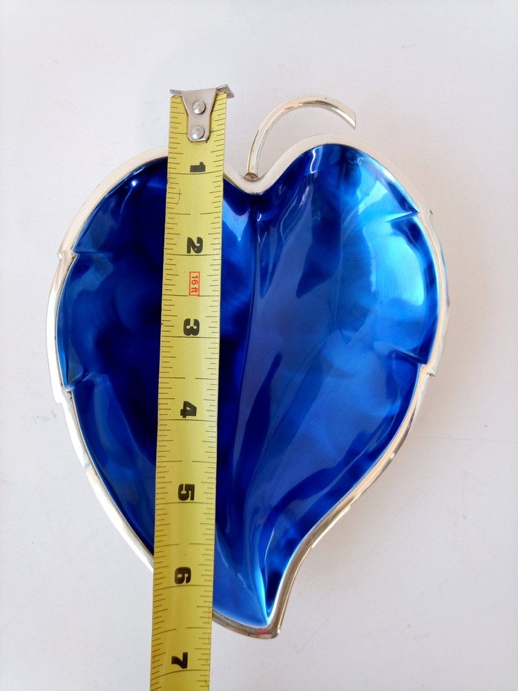 Vintage MCM Dekra Silver Plated BLUE ENAMEL Dish Bowl Leaf Shaped 7"