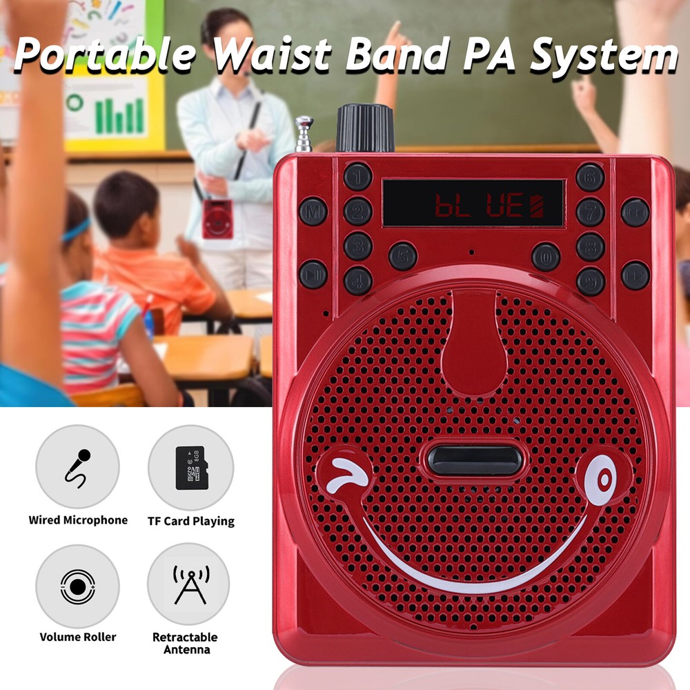 Portable Bluetooth PA System Headset Microphone Rechargeable USB Micro SD FM Red