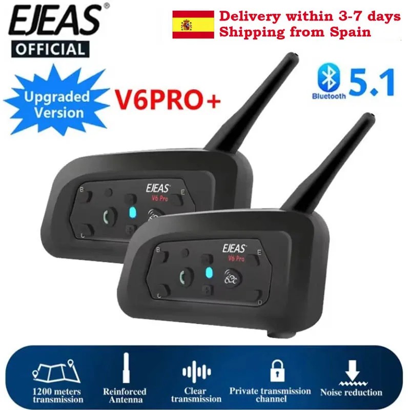 2PCS EJEAS V6PRO+ Motorcycle Intercom Bluetooth 5.1 1200m 8h Battery Waterproof