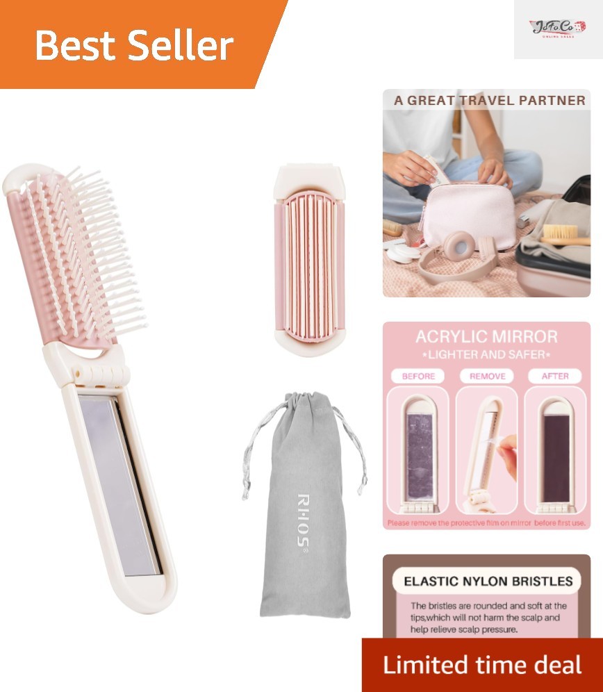 Elegant Beige Folding Brush with Mirror - Dual Function for Quick Touch-Ups