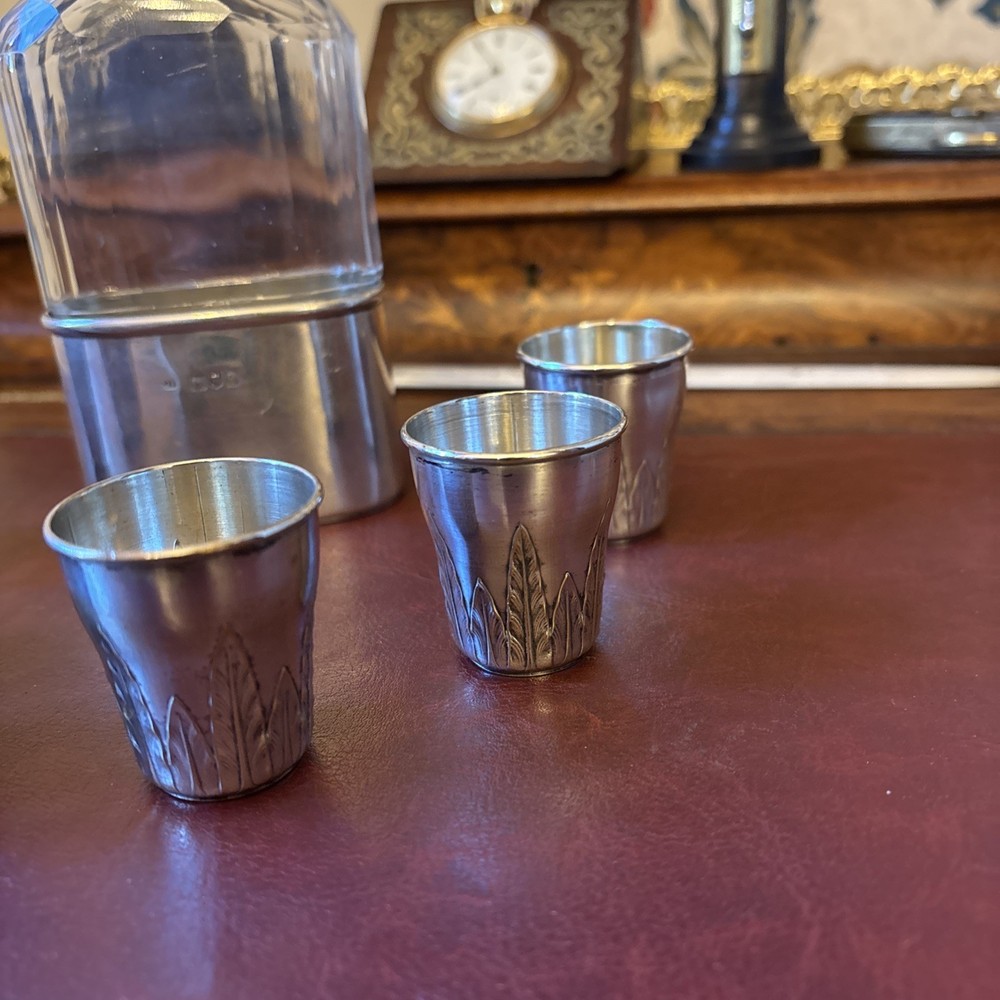 Solid silver hip flask c1900 & Six Antique Continental Solid Silver Shot Cups