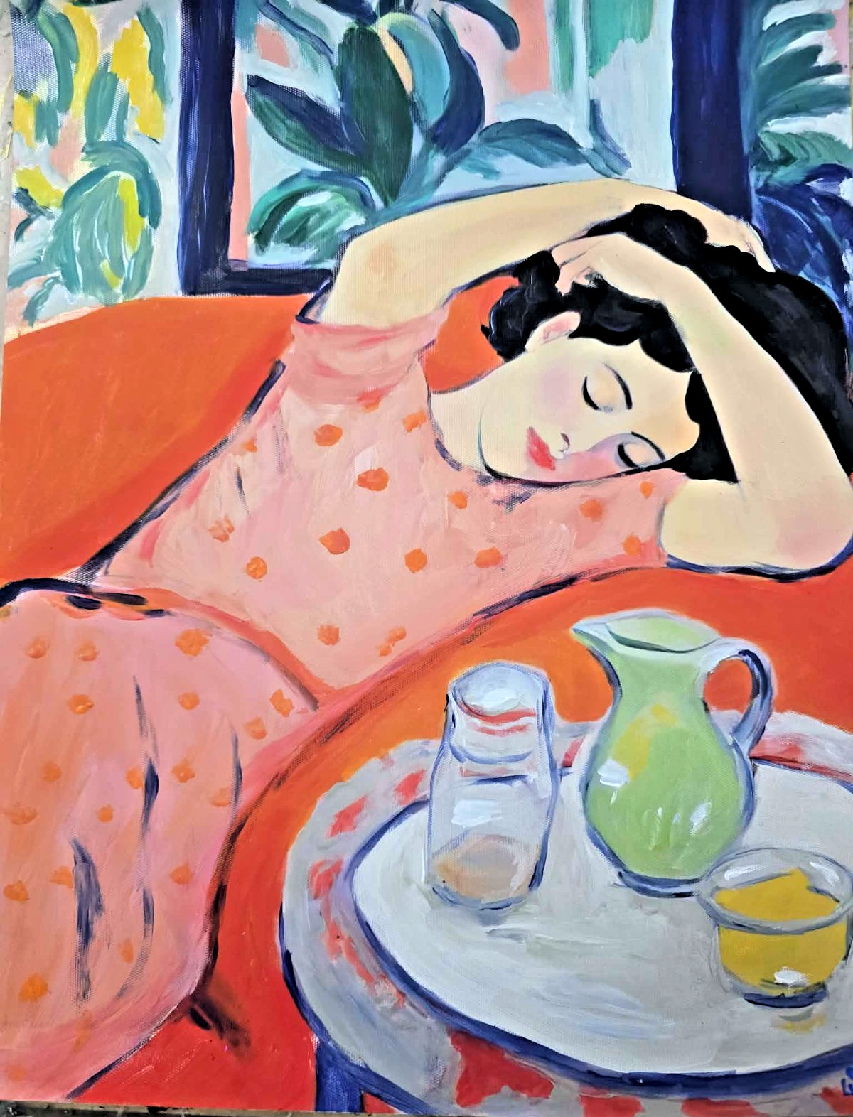 Hand Painted Acrylic on Canvas Painting "Resting on a Sofa". Signed