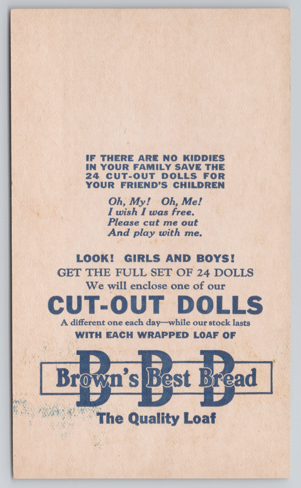 1930's Advertising Brown's Best Bread Cut-Out Dolls Trade Card Sweden