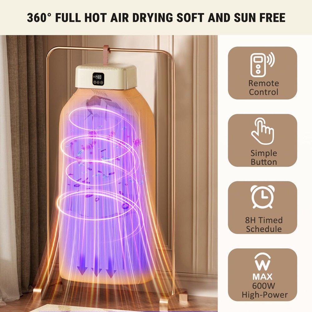 Portable Clothes Dryer, 8H Timer, w/Remote Control & Dry Bag, Mini Compact Fo...
