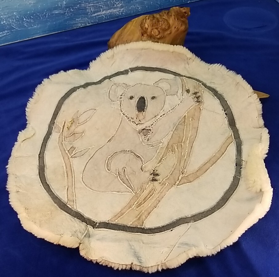 Vintage Austrailian Sheepskin Patchwork Rug Wall Hanging 19" Round Koala Bear