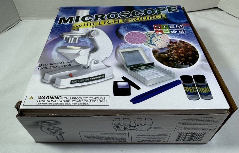Stem White Microscope Kit W/ Light Source 100, 200, 450 Magnification Complete