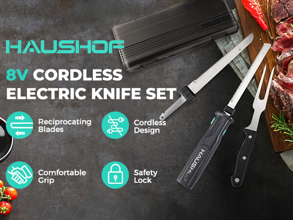 HAUSHOF Cordless Electric Knife Set for Meat Slicing 8V Electric Carving Knife