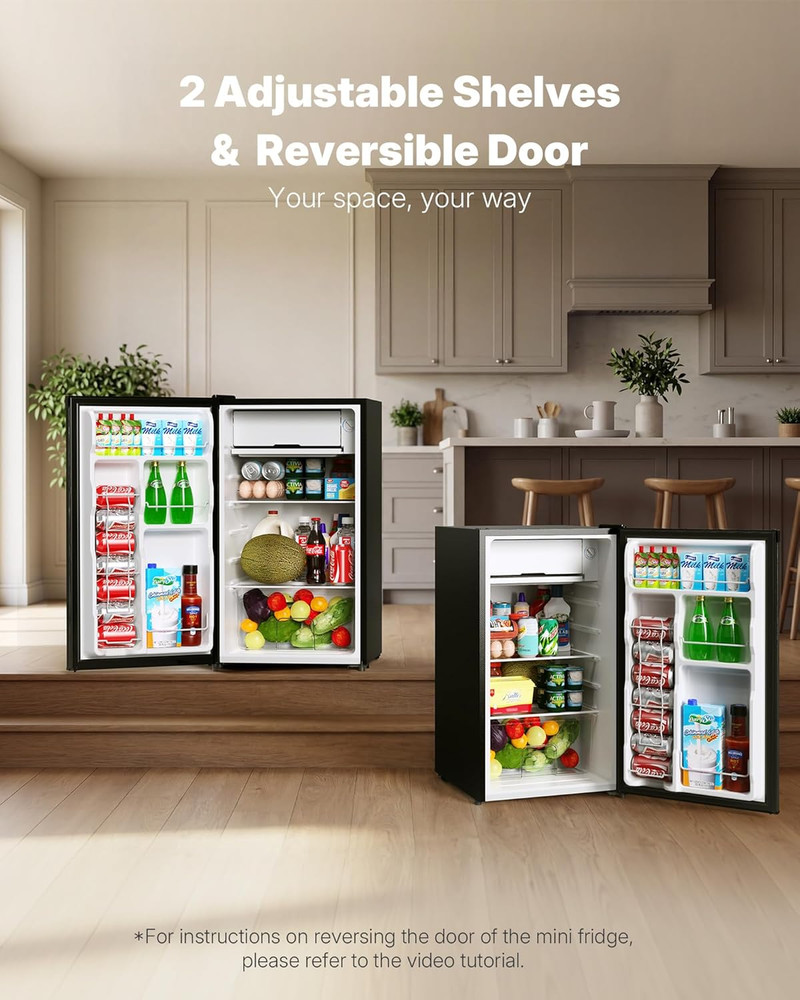 3.2 Cu.Ft Mini Fridge with Freezer, Single Door Compact Refrigerator, Adjustable