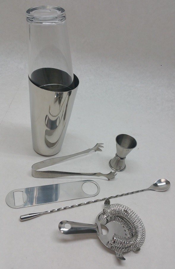 (7-Piece) BOSTON SHAKER SET Glass,Tin,Spoon,Jigger,Tongs,Opener,Strainer Bar Kit