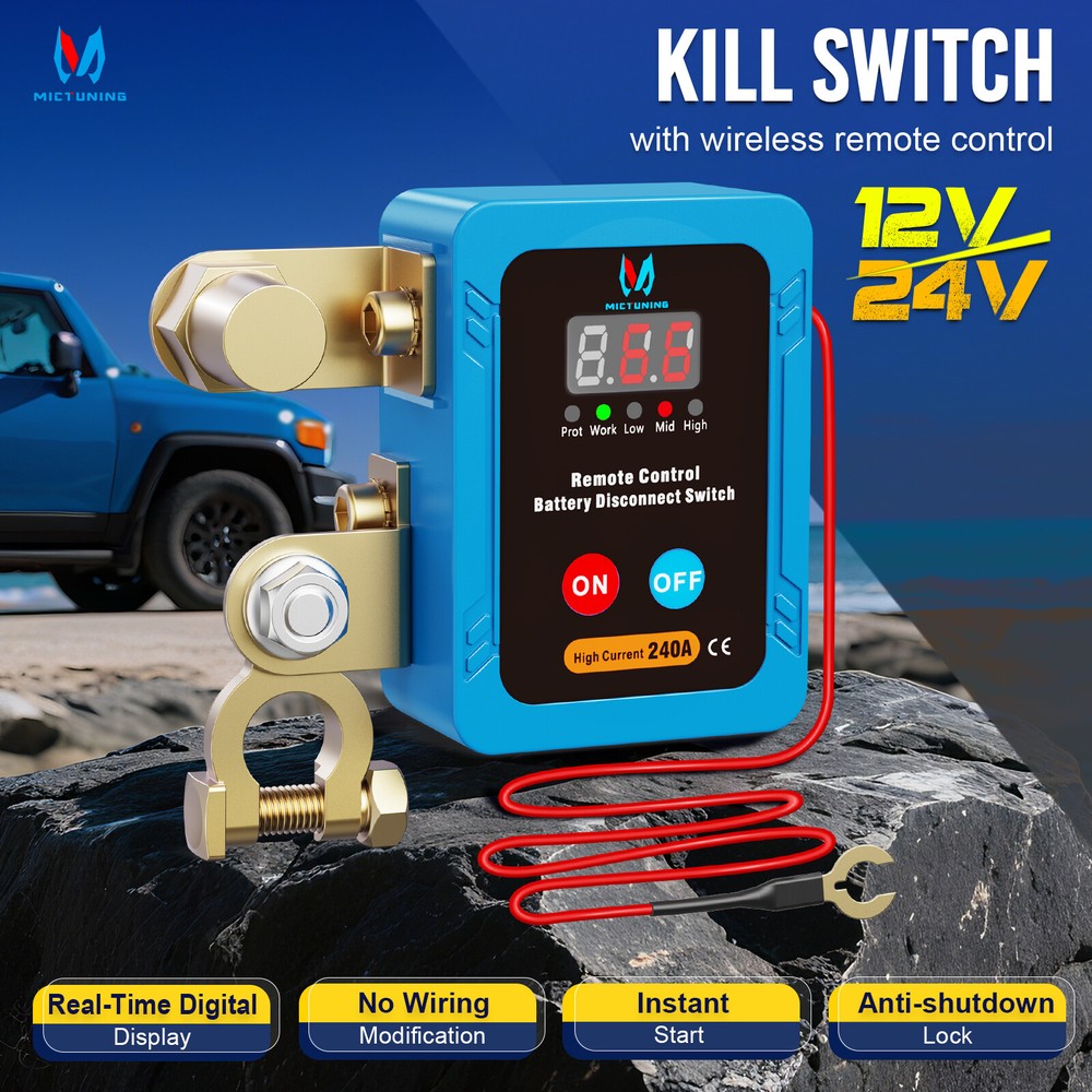 Remote Battery Disconnect Switch 240A Kill Switch LED Voltmeter Display, 12/24v