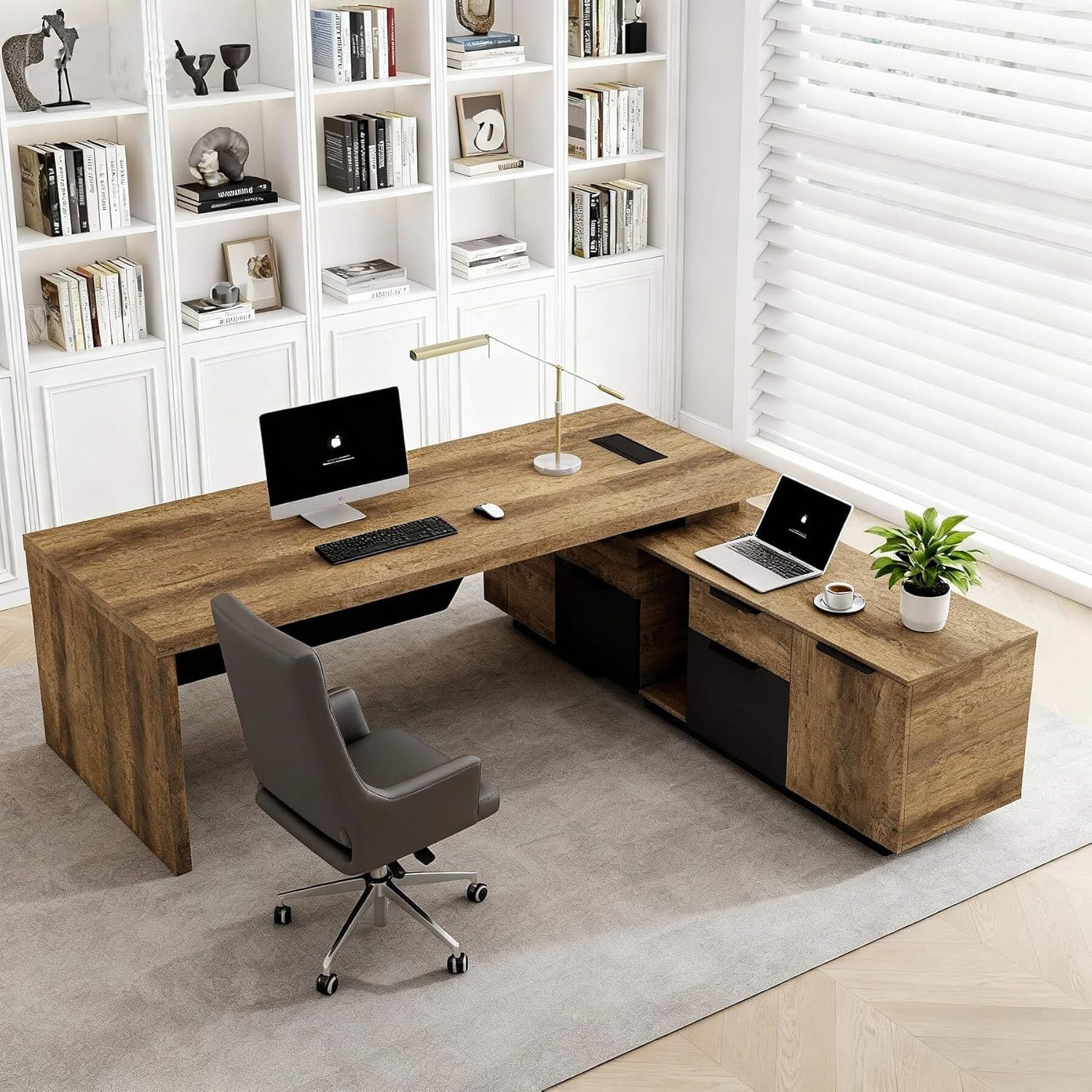 Adjustable Width L-Shaped Executive Desk Large Office Bussiness Desk w/Drawers