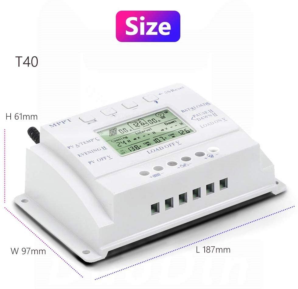 Solar Charge Controller 40 amp Solar Panel Regulator with Load Timer, 12V 40A