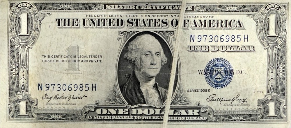 1935E $1 Dollar Bill Silver Certificate Note Error Gutter Fold W Error Cutting
