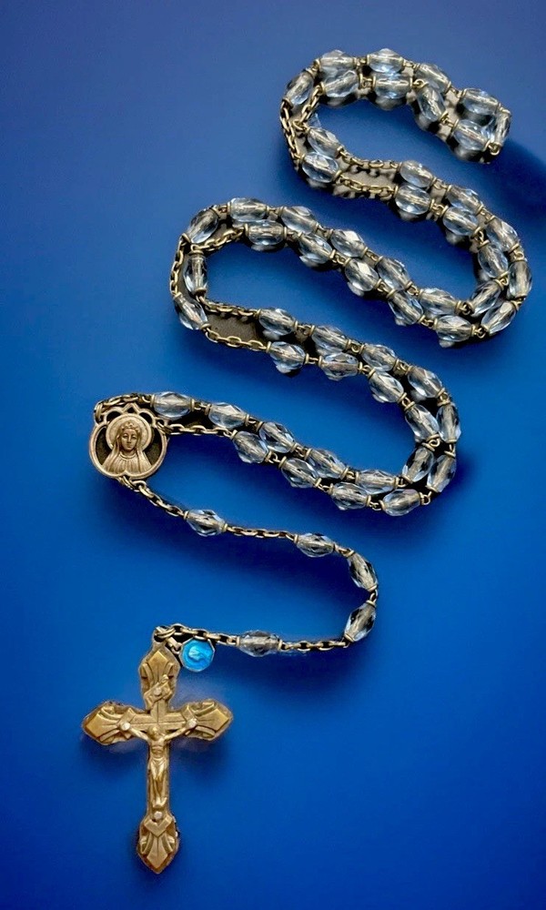 Vintage Catholic Blue Crystal Rosary, Silver Tone Crucifix + Blue Enamel Medal