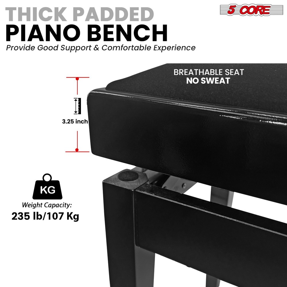 5 Core Adjustable Piano Bench Thick Padded Solid Wood Keyboard Stool Heavy Duty