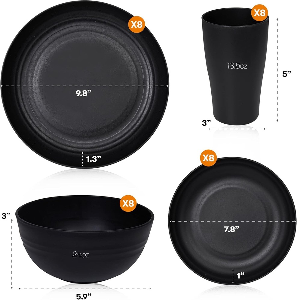 Wheat Straw Dinnerware Sets | Unbreakable Service for 8 (32 pcs), Black