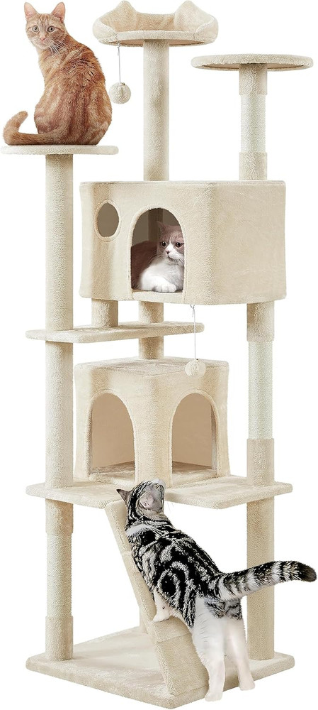Beige XL Cat Tree - 80" Multi-Level Tower with Scratching Posts & Condos