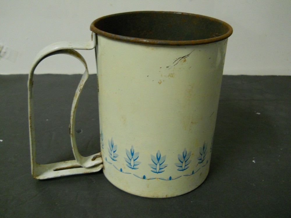Vtg Androck 3 C Screen Flour Sifter One Hand Operation Wheat Pattern Blue White