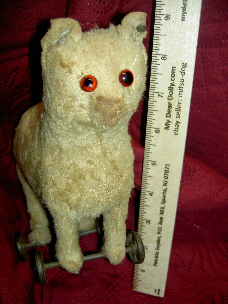 Antique c1905 STEIFF BUTTON-in-EAR straw stuffed cat kitten on cast iron wheels