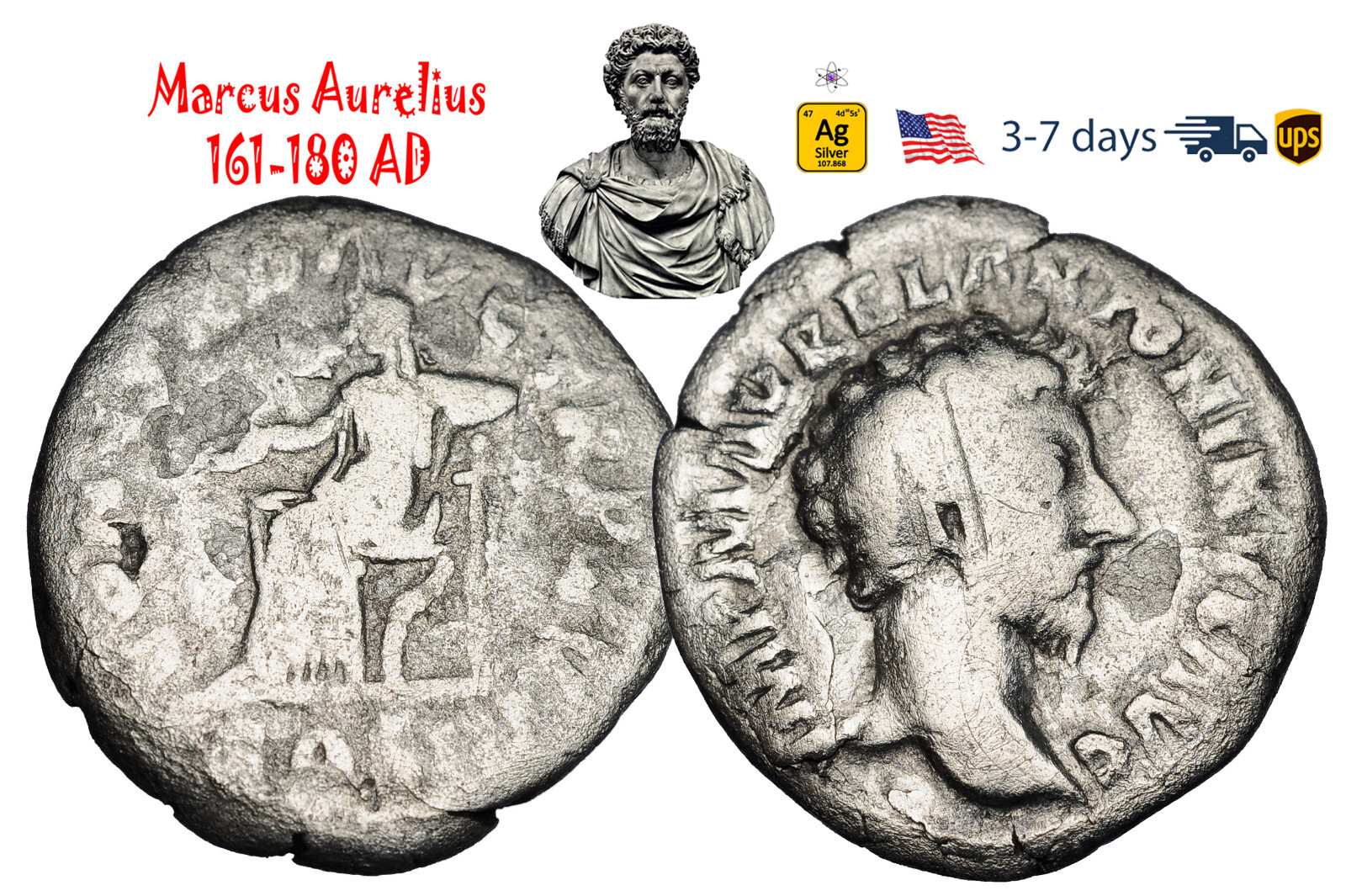 Ancient Roman Empire Coin Silver Denarius Marcus Aurelius 161 180 AD #33389