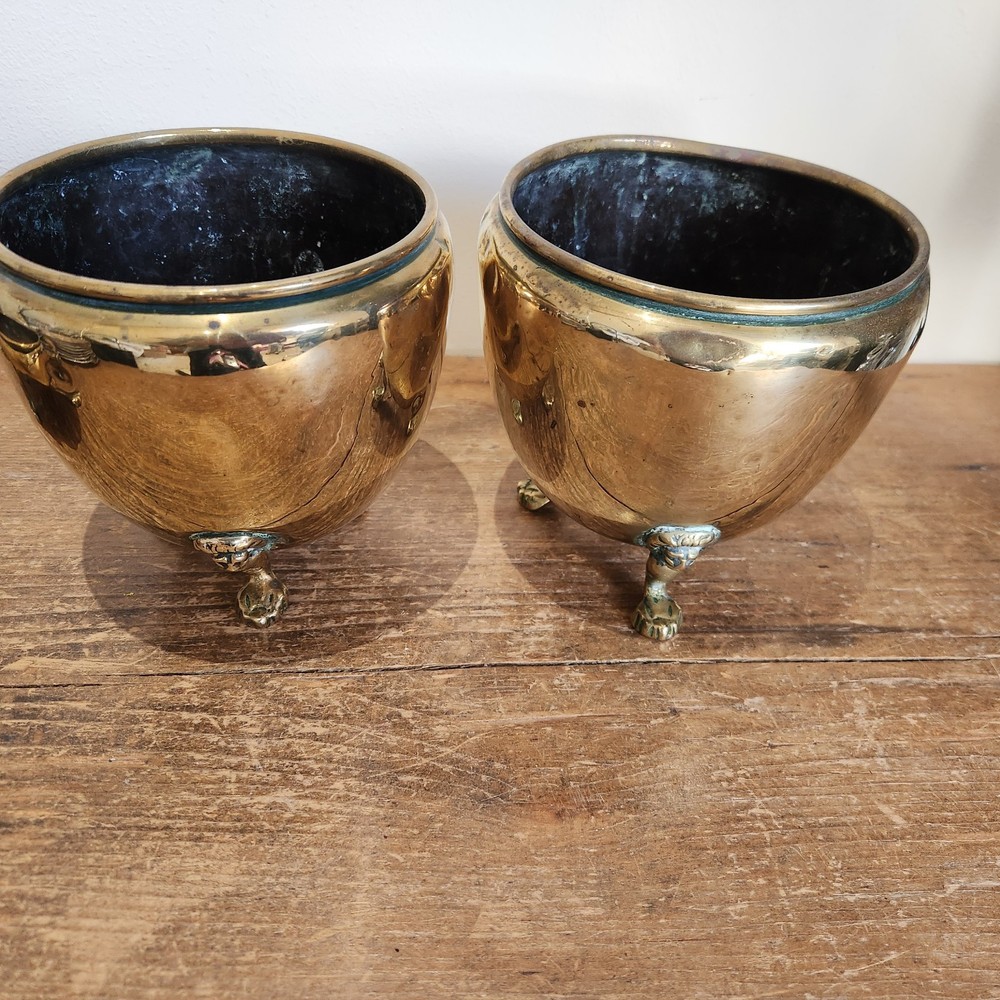 Antique Solid Brass Three Small/Medium Cache Pots on Styalised Liohead/Paw Feet