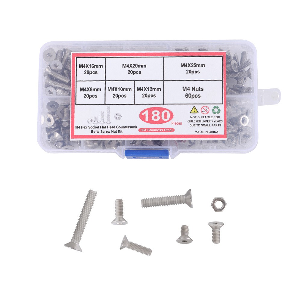 Metric M4 Hex Socket Flat Head Countersunk Bolts Screw Nut Assortment Kit 180Pcs