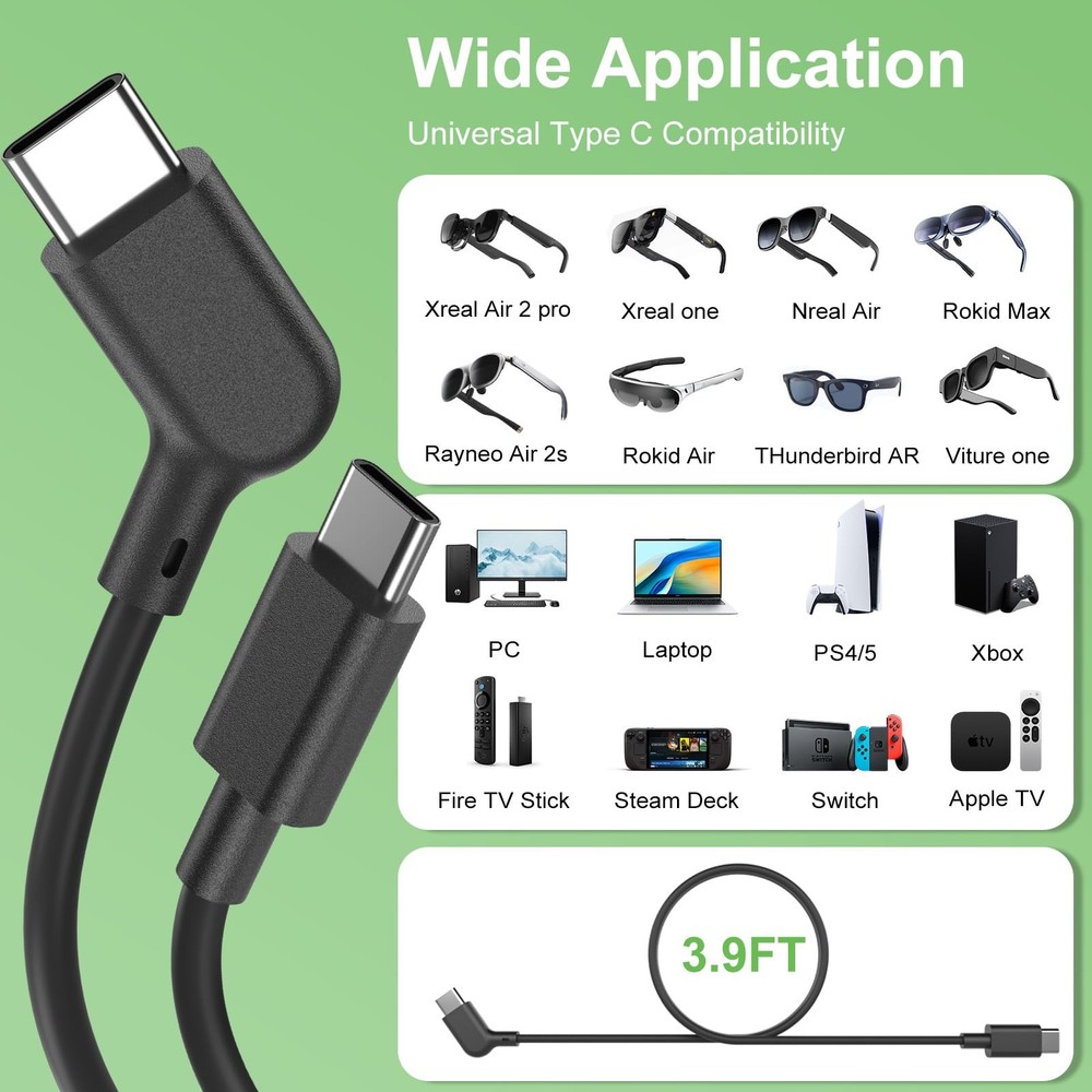 PnTnFly AR Smart Glasses USB C Charging Data & Power Supply Cable, 3.9 feet