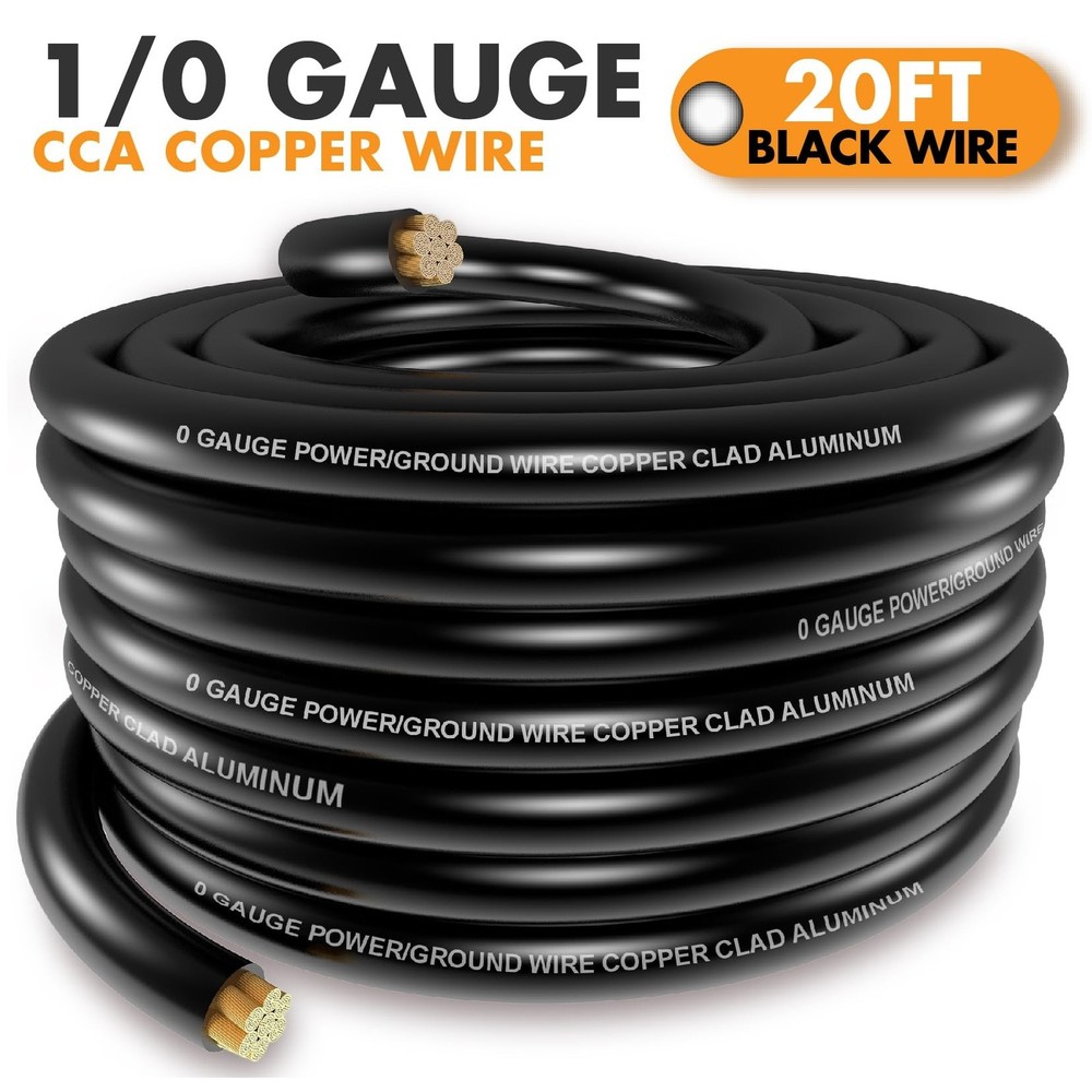 1/0 Gauge Black CCA Wire (20ft Single Roll) - Replacement Ground Cable for Ca...