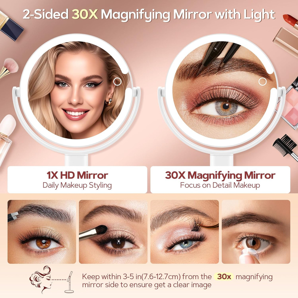Makeup Mirror with Lights, Lighted Magnifying Mirror 30X with 3 Lighting