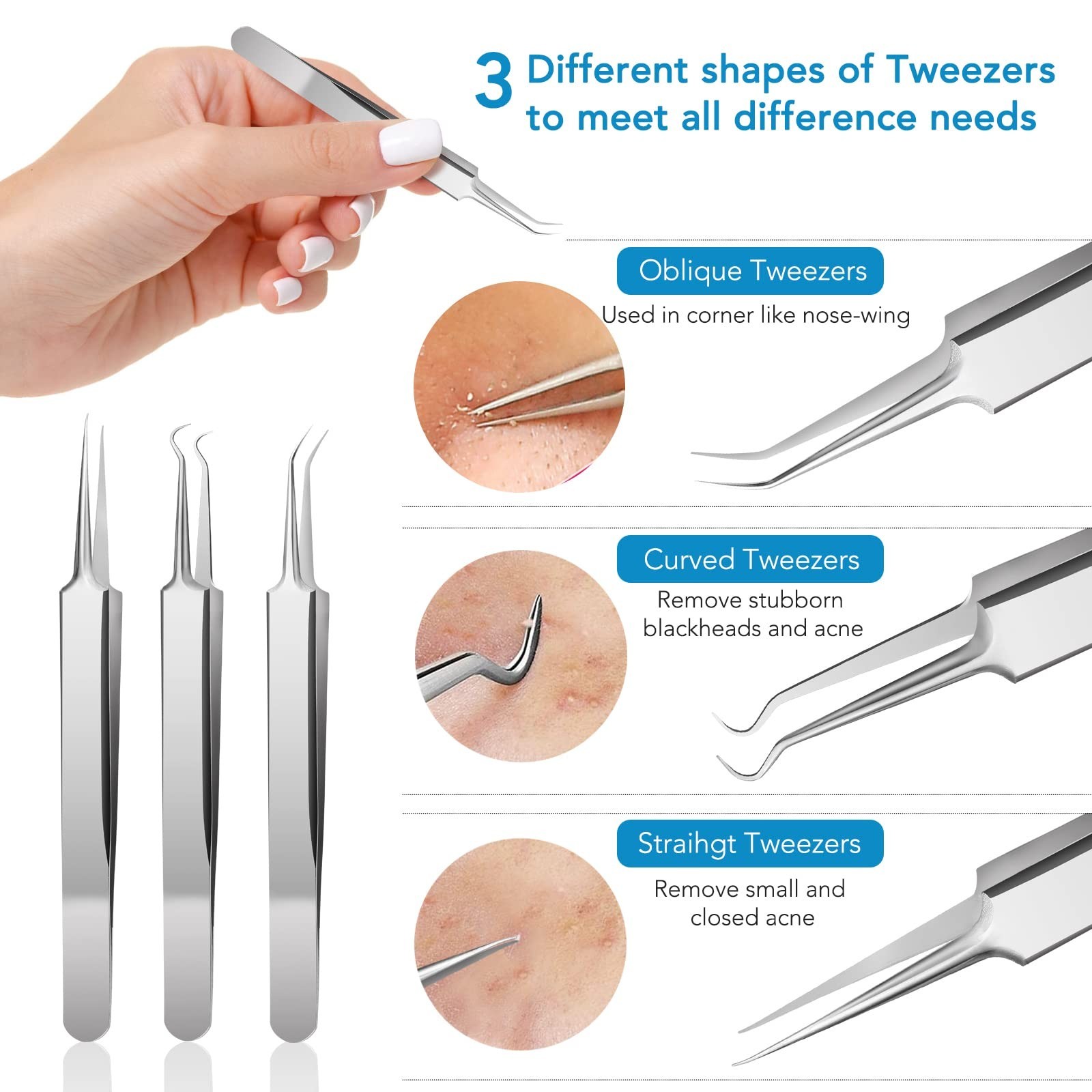 Acne Needle Blackhead Remover - Pimple & Comedone Extractor Tool Kit with Tweeze