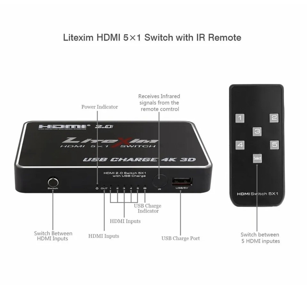 LITEXIM HDMI 5 X 1 SWITCH WITH MINI WIRELESS REMOTE - USB CHARGE 4K 3D