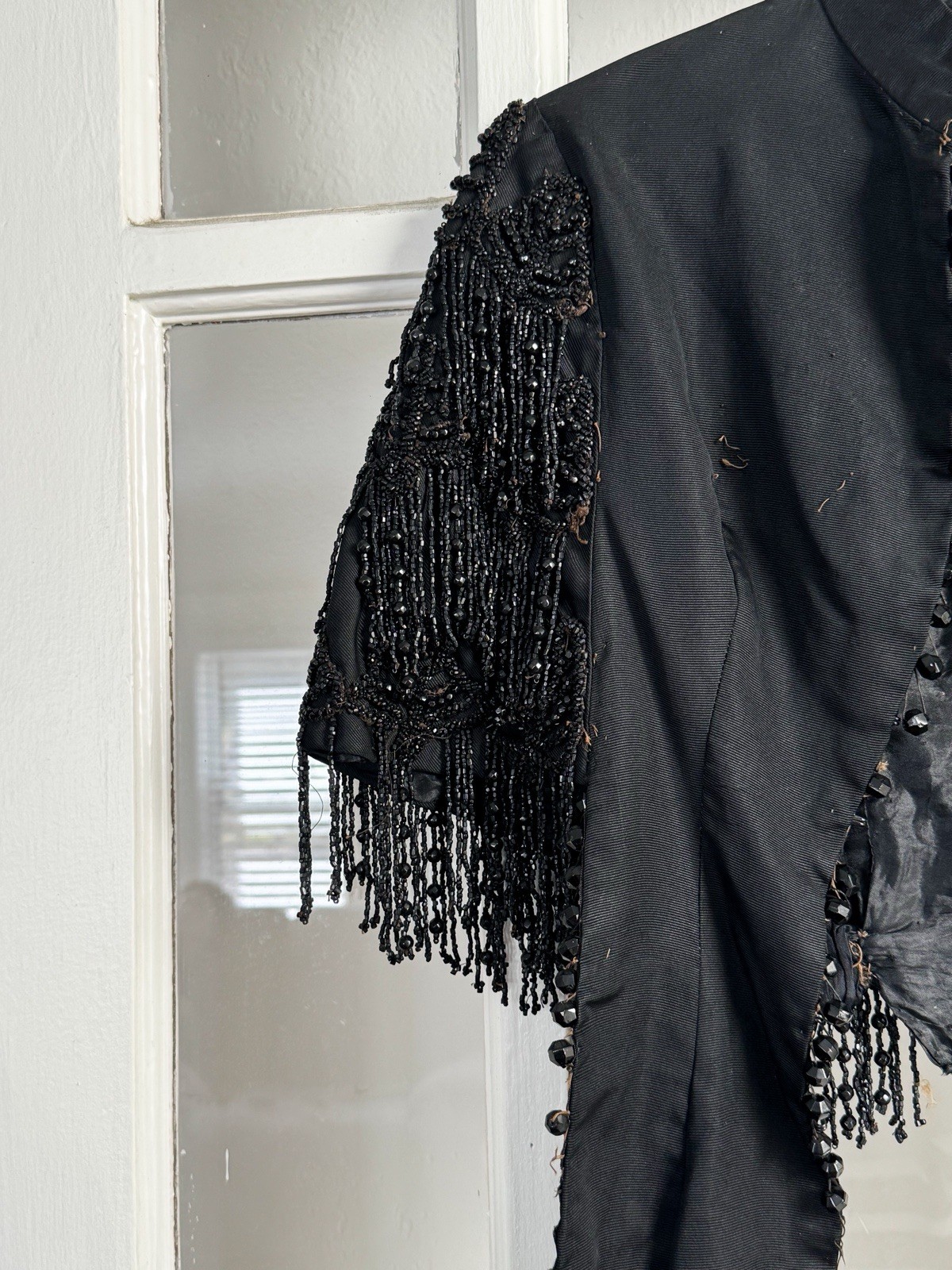 Antique Victorian Mourning Bodice Jacket with Jet Bead Fringe Late 19th Century