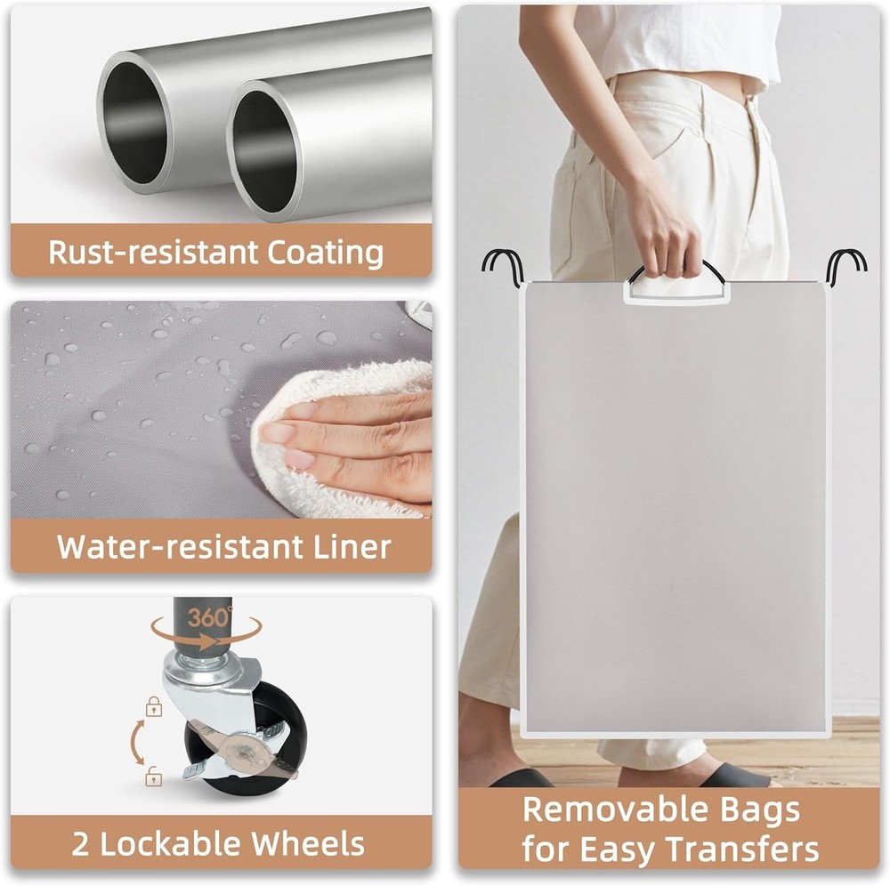 Eco-Friendly 3-Compartment Laundry Organizer with Rolling Wheels - Stylish Gray