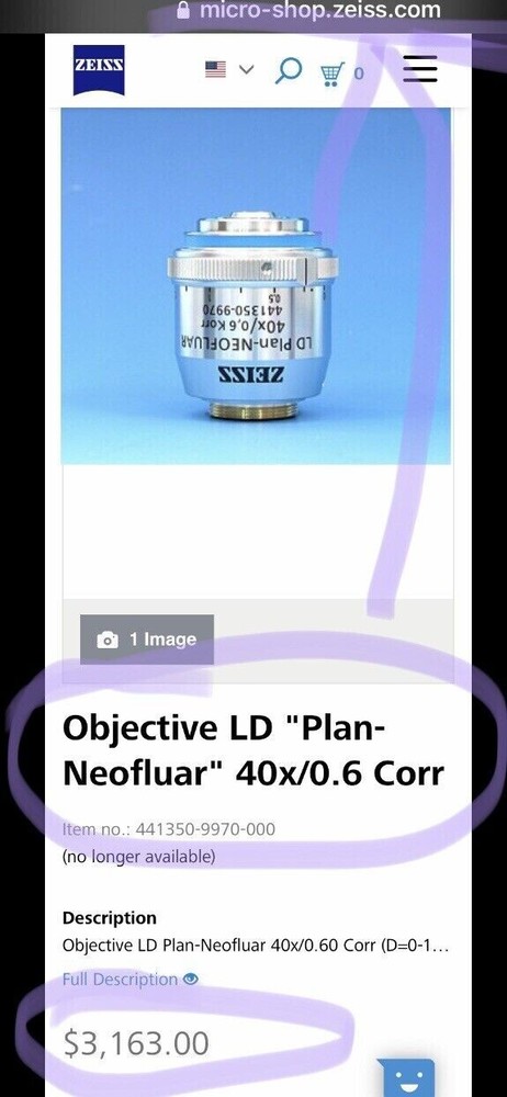 Zeiss Microscope Objective LD Plan-NEOFLUAR 40x Ph2 w Correction M27 421361-9970