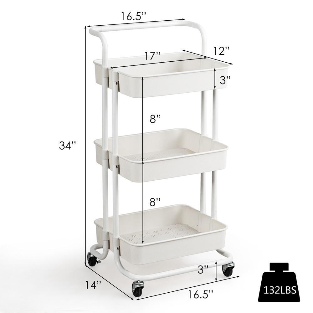 3 Tier Rolling Cart with Wheels Practical Handle & ABS Basket Organizer White