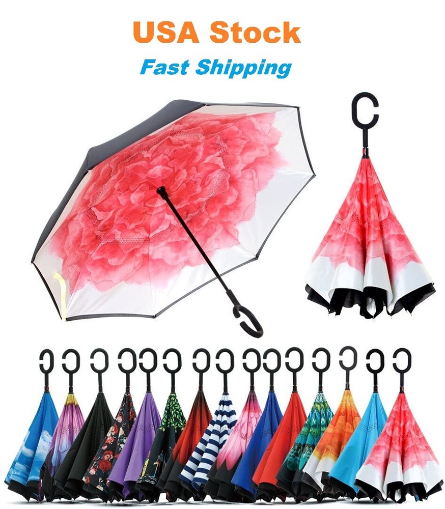 C-Handle Inverted Reverse Umbrella, Flower print (Inside-out, Upside-down)