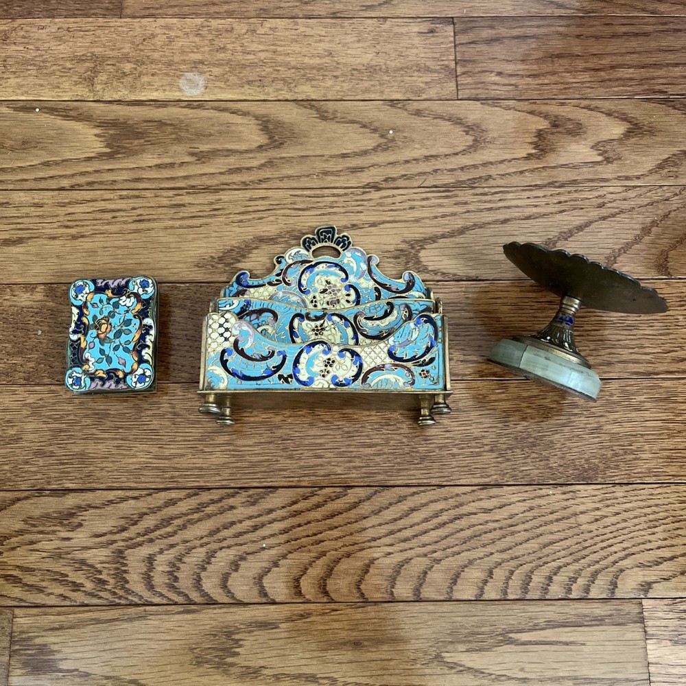 French Champleve Enamel Bronze Three Piece set