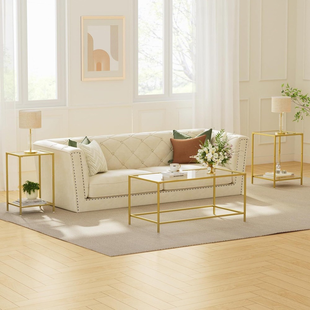 Glass coffee table, modern rectangular gold coffee table for living room
