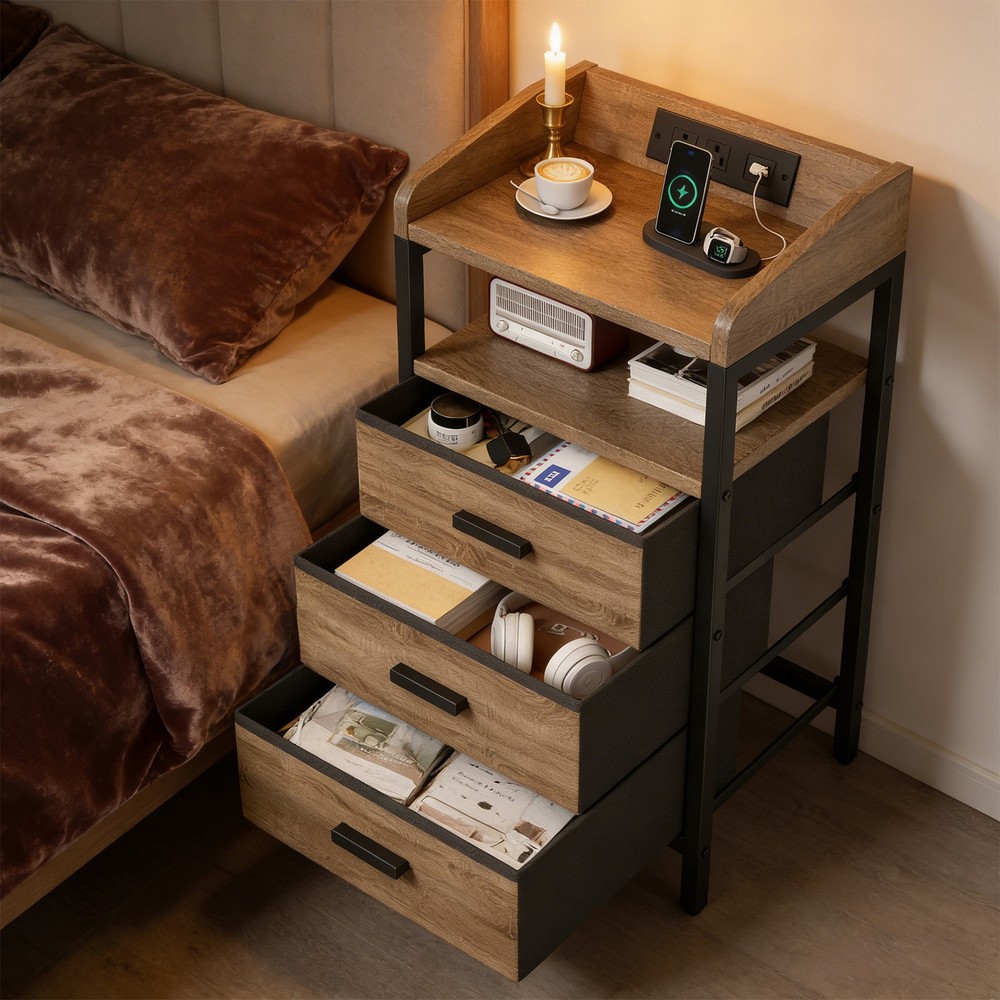 2 Pack Night Stand With Charging Station And Light Bedside End Table ༝
