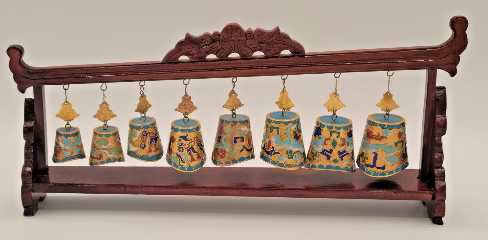 Chinese Cloisonne Graduated Musical Bell Set on Wood Carved Stand FREE SHIP