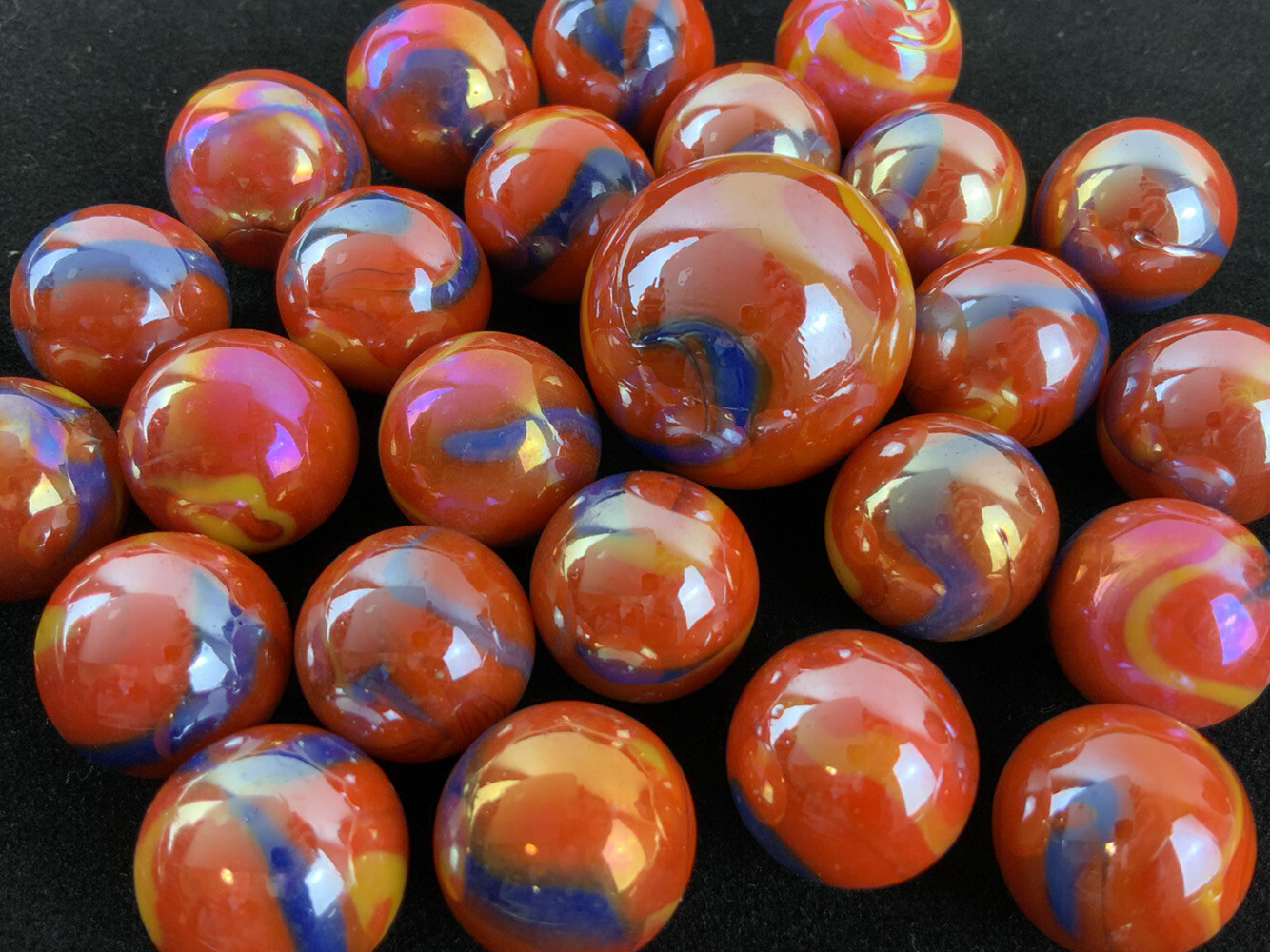 25 Glass Marbles SUPERNOVA iridescent Red Blue Yellow Game Pack Shooter