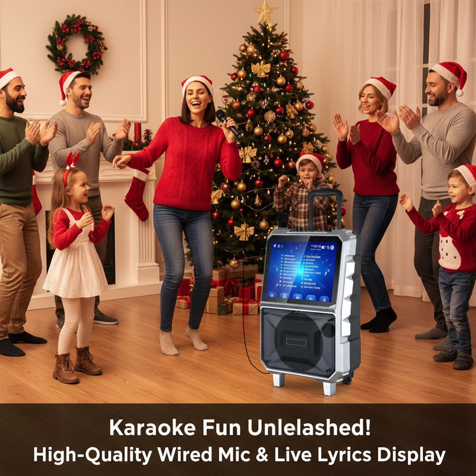 Professional Karaoke Machine BT Speaker w/ Wireless Mic & Lyrics Display Screen