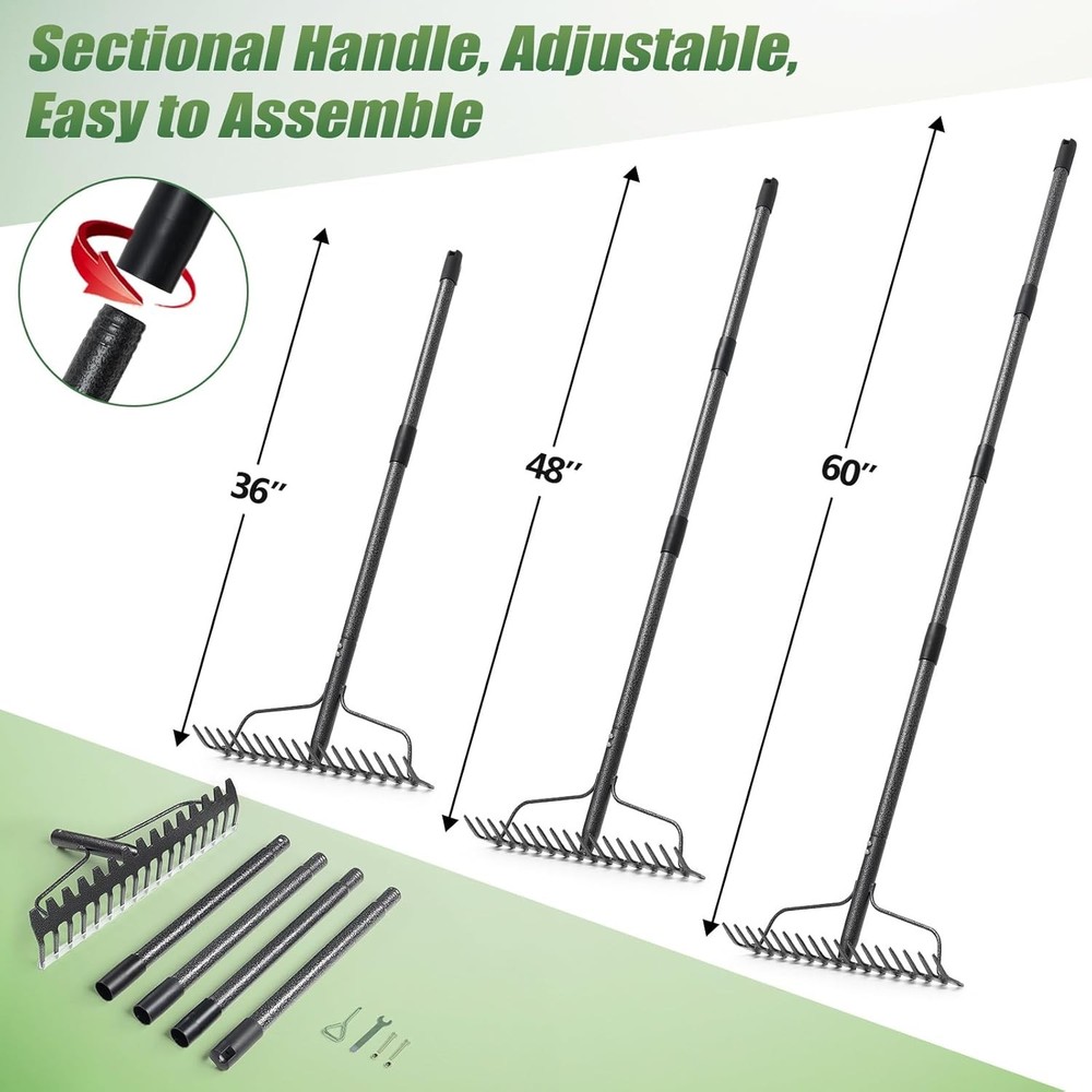 Garden Rake, 5FT Bow Rake Heavy Duty Leveling with Adjustable Gray