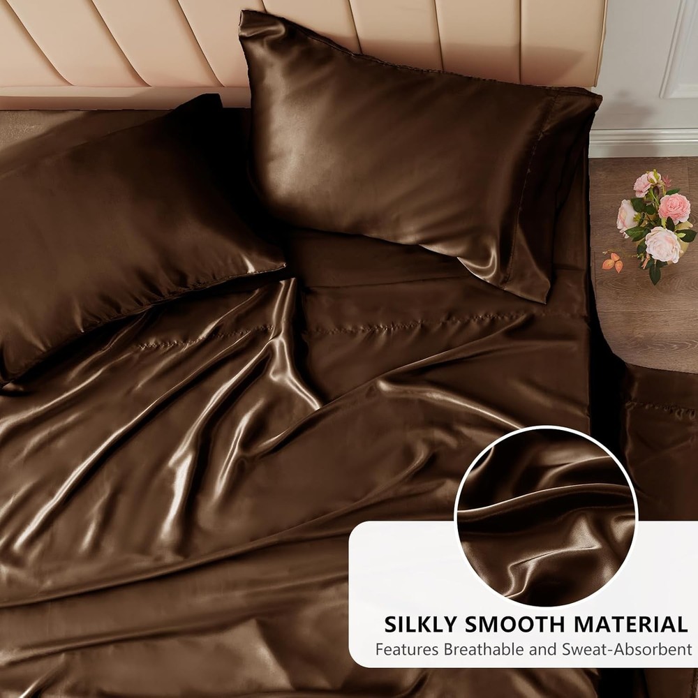 Satin Sheets Full Size - 4 Piece Brown Bed Sheet Set with Silky Microfiber