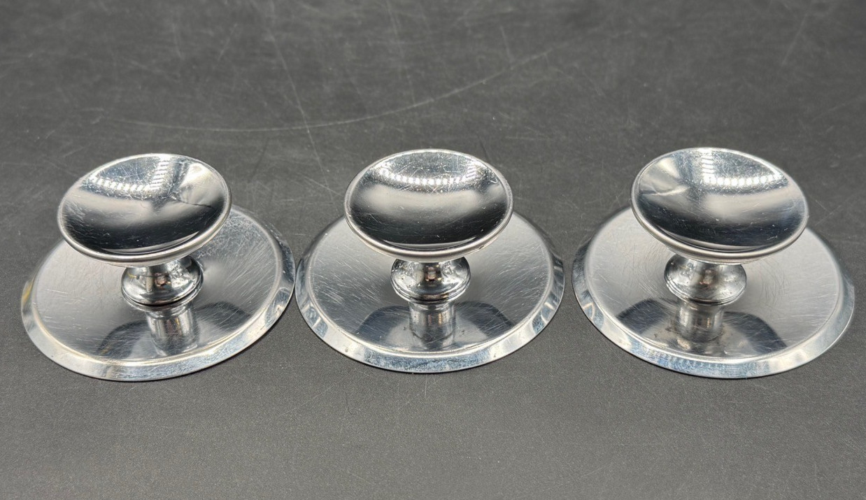 3 Vintage Chrome Concave Round Pull Knobs w/ Matching Backplates & Screws.