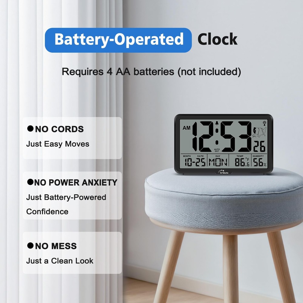 WallarGe Atomic Wall Clock with Backlight, Digital Large, Black