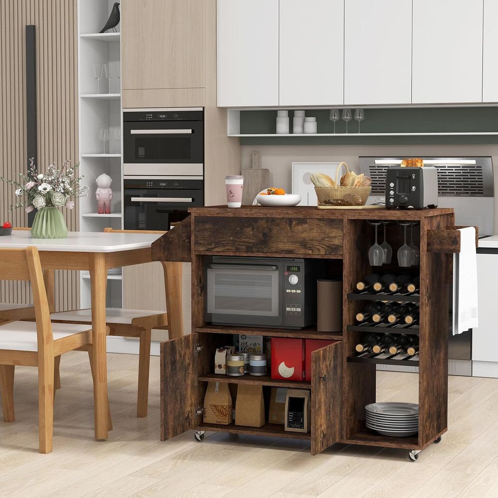 Rustic Brown Rolling Kitchen Island Cart with Drop-Leaf & Power Outlet
